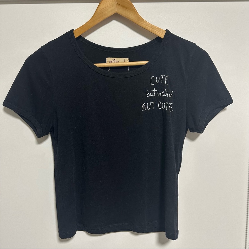 Hollister Navy Embroidered Crop Tee